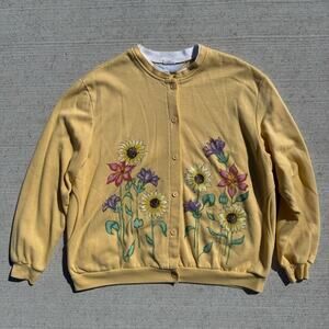 Vintage 90s Blair Floral Garden Yellow Button Up Sweatshirt Granny Cardigan LG